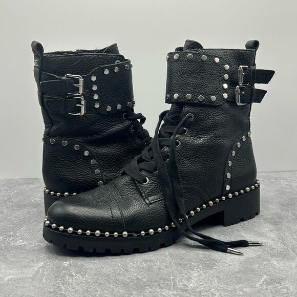 Sam Edelman Jennifer Black Leather Combat Boots Size 8M Studded Moto Biker - Picture 1 of 16